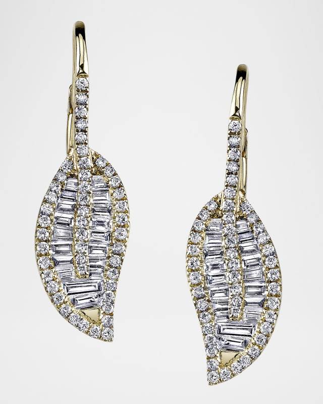 18K Yellow Gold Leaf Drop Earrings with Pave Diamonds